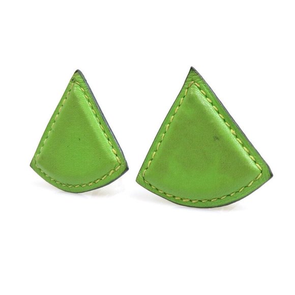 Auth HERMES Triangle Clip on Earrings Green/Gold Leather/Metal - Picture 6 of 11